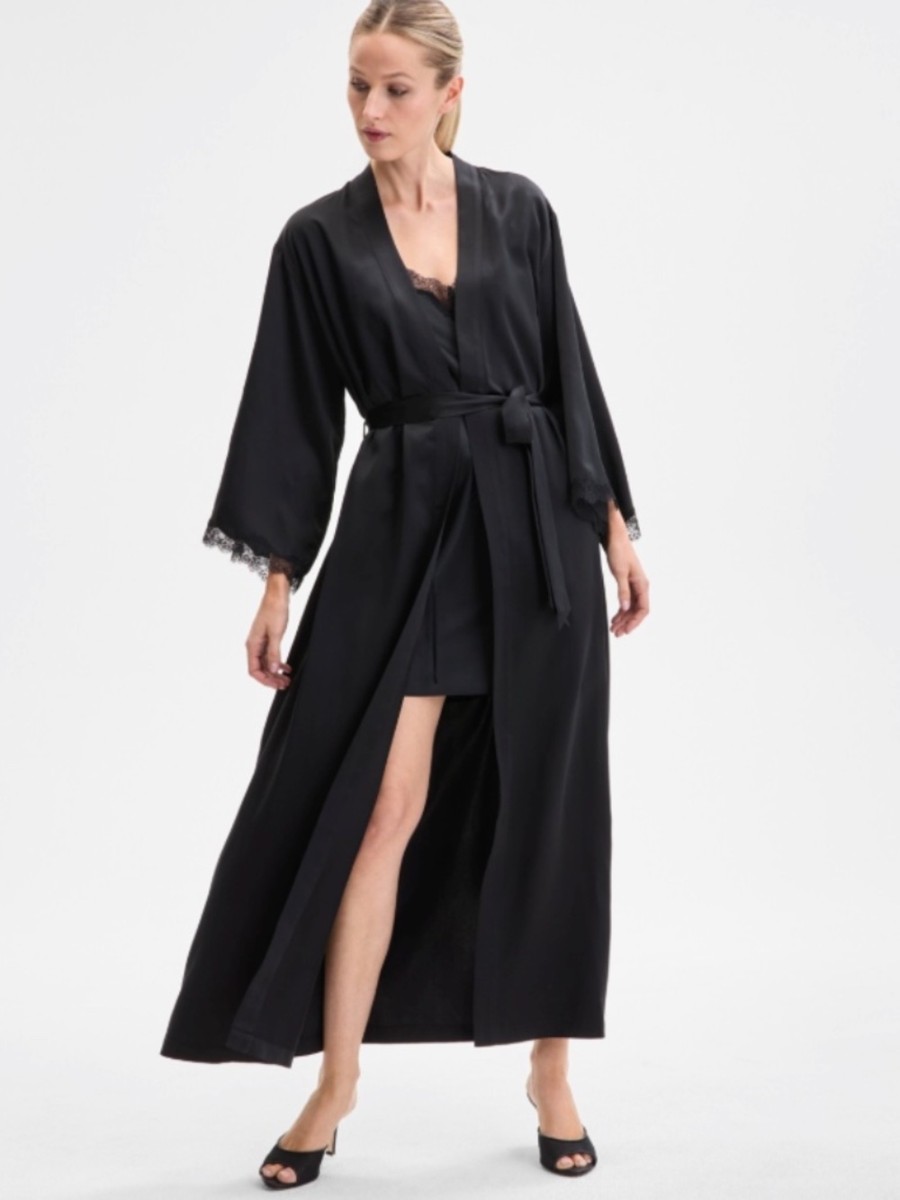 I.n.c. International Concepts Women's Lace-Trim Satin Robe Black Size L 12518